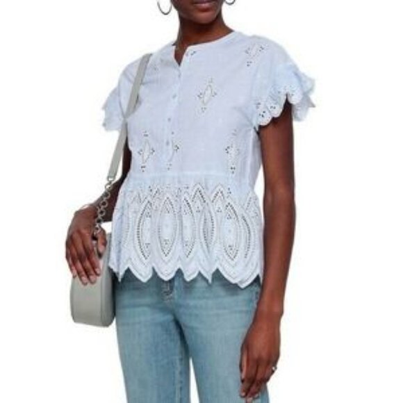 Joie Cerelia Striped Broderie Anglaise Trimmed Cotton Top Peplum Blue - Picture 5 of 9